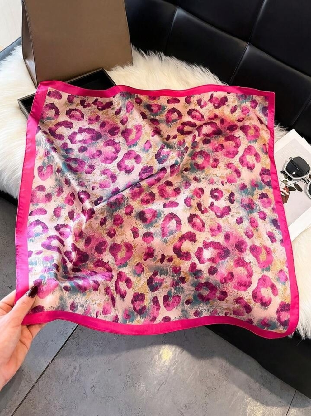 Silk-feel Pink Leopard Print Silk Scarf - Head ,neck Scarf 70*70cm